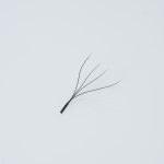 Κοντινή λήψη (macro) ενός έτοιμου fan βλεφαρίδων (premade fan) 4D, αποτελούμενου από 4 λεπτές, μαύρες ίνες ενωμένες στη βάση με μακρύ κορμό (long stem), για τεχνική volume.