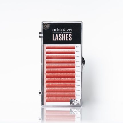 Επαγγελματική κασετίνα (mix tray) με χρωματιστές βλεφαρίδες extension της Addictive Lashes, σε κόκκινο χρώμα, σε μορφή μεμονωμένων ινών και έτοιμων fans (premade).